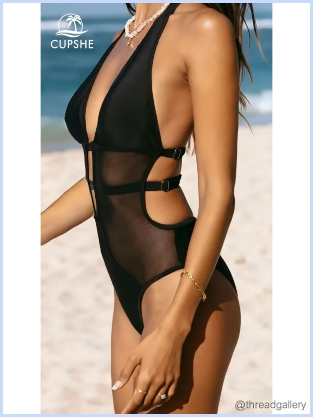 Women's Mesh Monokini One Piece Swimsuit Halter Deep V Plunge Backless Swimwear